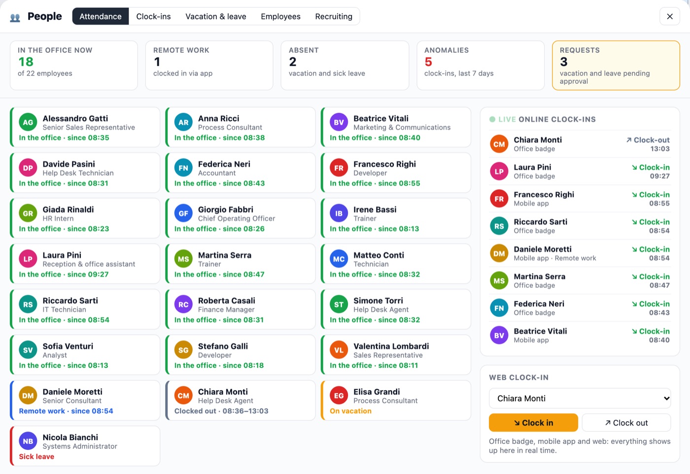 Office AI People & HR module: attendance, live clock-ins, vacation and leave requests.