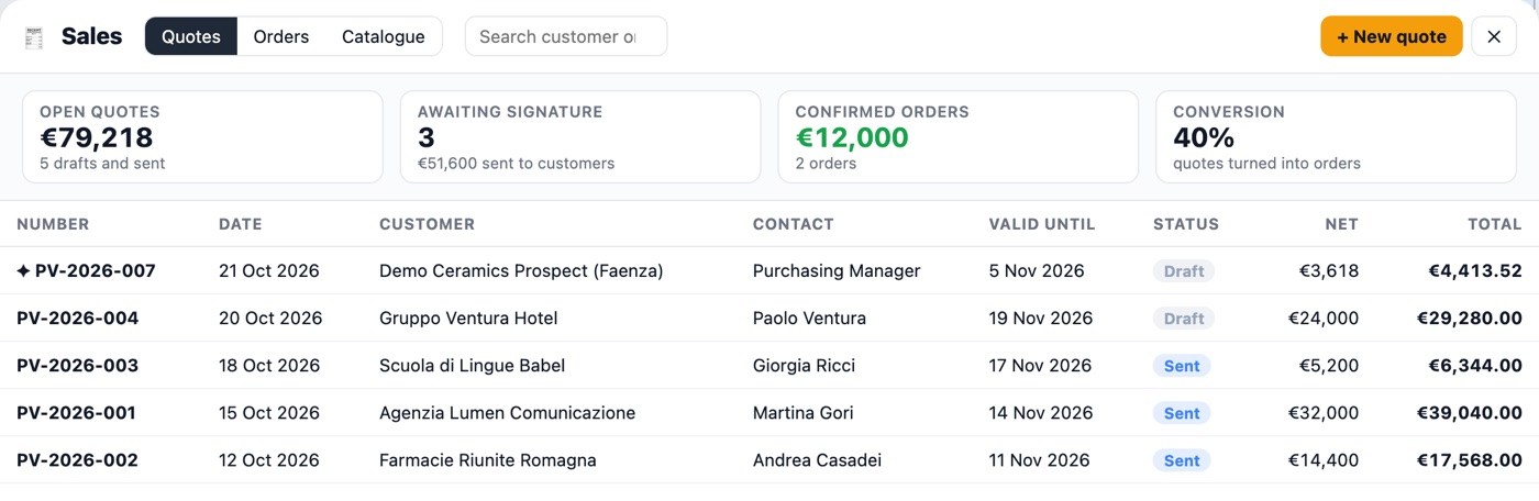 Office AI Sales module: list of quotes with customer, amount and status.